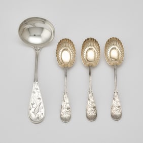 Three Tiffany & Co. Sterling Silver "Japanese" Pattern Sorbet Spoons and an "Audubon" Pattern Ladle