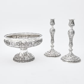 Pair of Baltimore Silversmiths Mfg. Co. Sterling Silver Candlesticks and Centerpiece Bowl