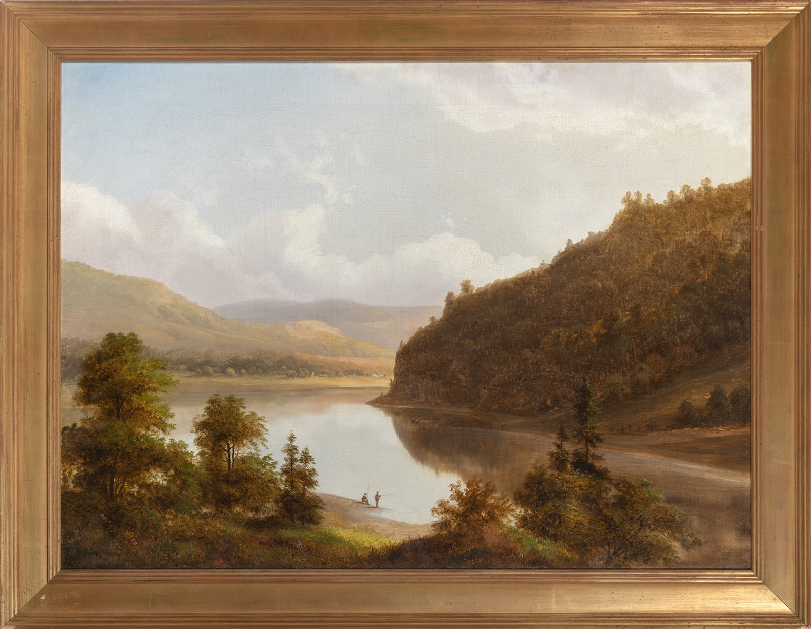 American School: 19th Century Lakeside Fishing Oil on canvas 24 1/4 x 32 1/4 inches (61.6 x 81.9 cm) Please note: This lot will be on view in Boston. (Frame 28 1/4 x 37 inches) Relined; frame rubbing; craq