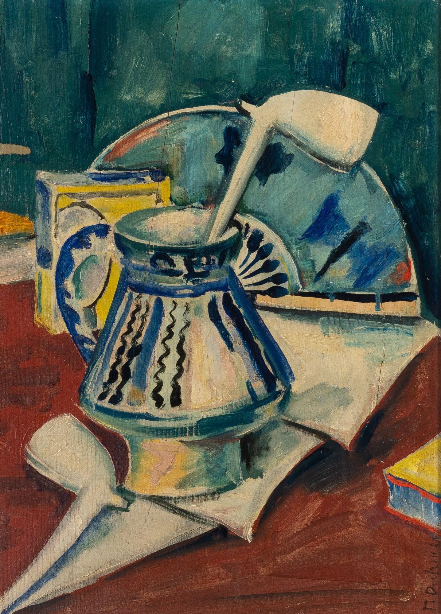 Preston Dickinson: American, 1891-1930Still Life with Pipes, circa 1920Signed P. Dickinson (lr) and inscribed with date 1920 on the reverseOil on panel12 x 8 3/4 inches (30.5 x 22.2 cm)