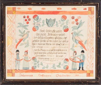 Watercolor, Pen and Ink Fraktur Birth Certificate