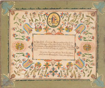 Watercolor, Pen and Ink Fraktur Birth Certificate for Dillin Konig