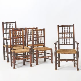 Set of Six Oak Spindle Back Rush-Seat Dining Chairs