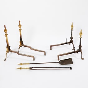 Two Pairs of Brass and Iron Andirons and a Pair of Tools