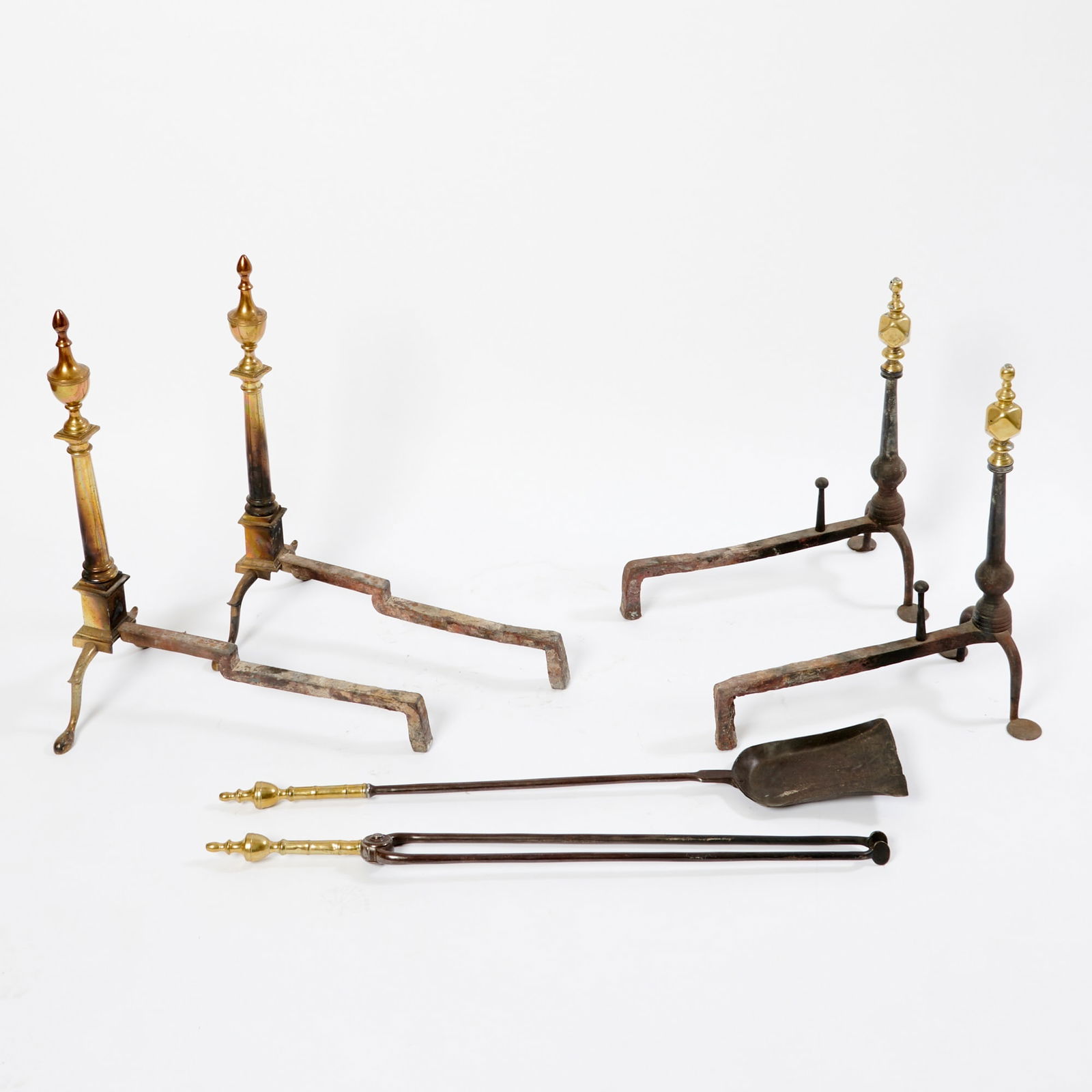 Two Pairs of Brass and Iron Andirons and a Pair of Tools (1 of 3)