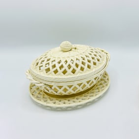 English Creamware Lattice Covered Fruit Basket and Stand