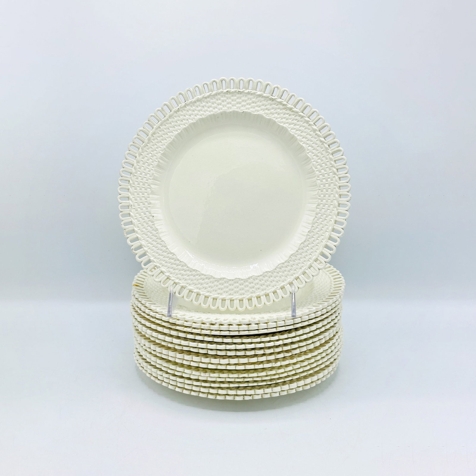 Set of Fourteen English Creamware Basketweave Dinner Plates (1 of 3)