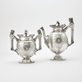 American Silver "Medallion" Pattern Coffee Pot and Covered Sugar Bowl