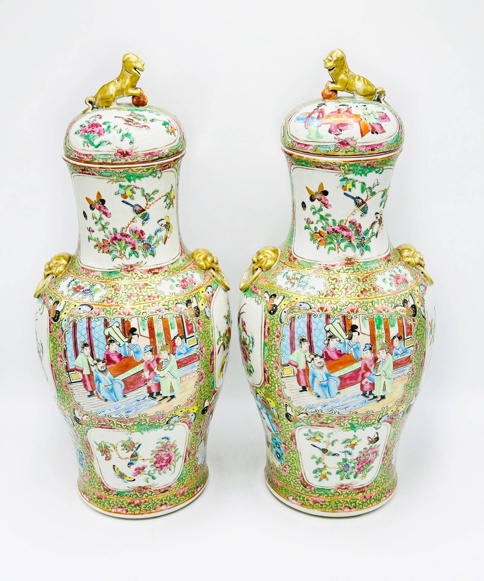 Pair of Chinese Export Rose Medallion Porcelain Covered Jars