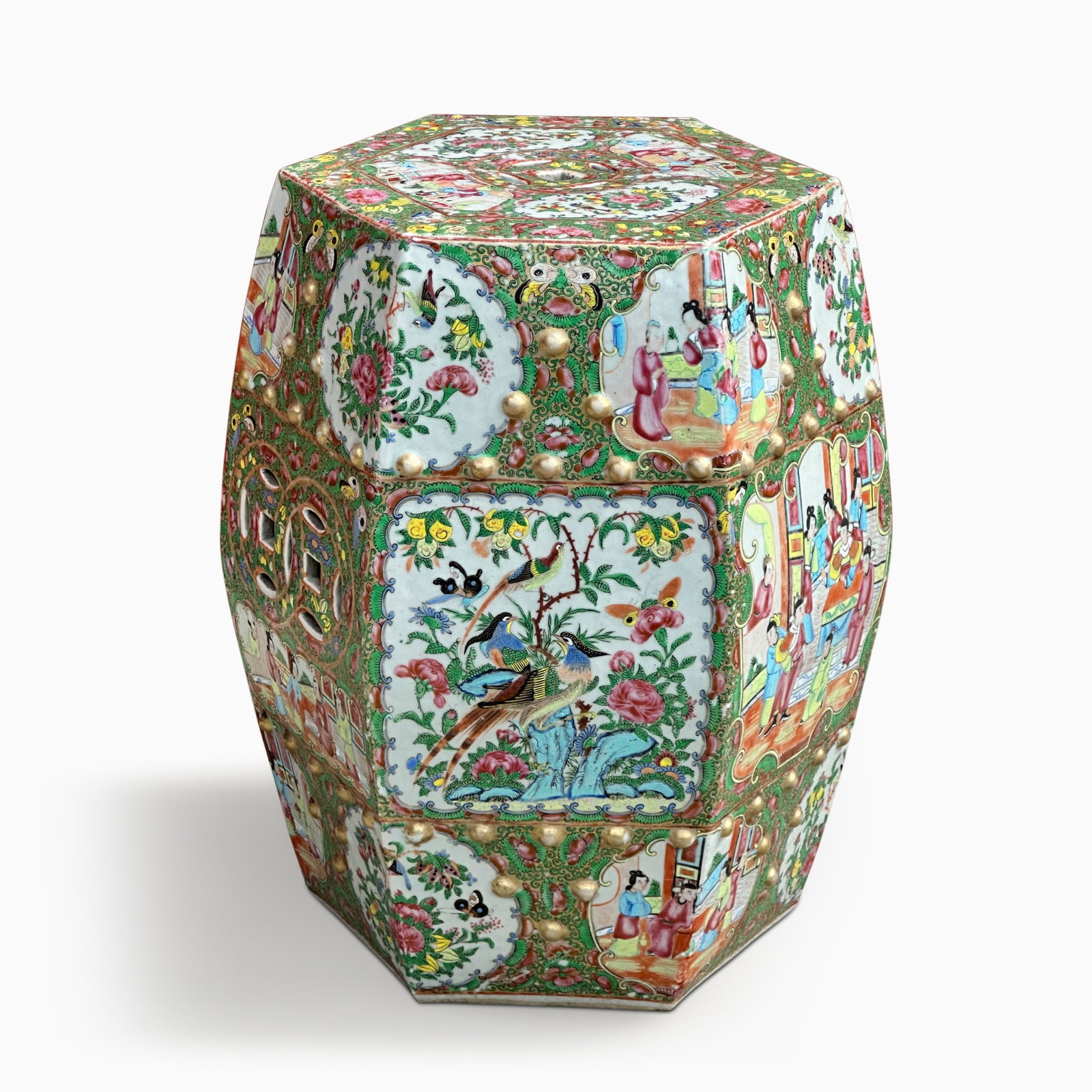 Chinese Export Rose Medallion Porcelain Garden Seat: Late 19th/early 20th century Of swelled hexagonal form. Height 17 1/2 inches, diameter 12 3/4 inches. Please note: This lot will be on view in Boston.