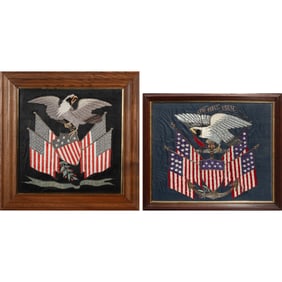 Two Silk Embroidered Eagle and Flag Pictures