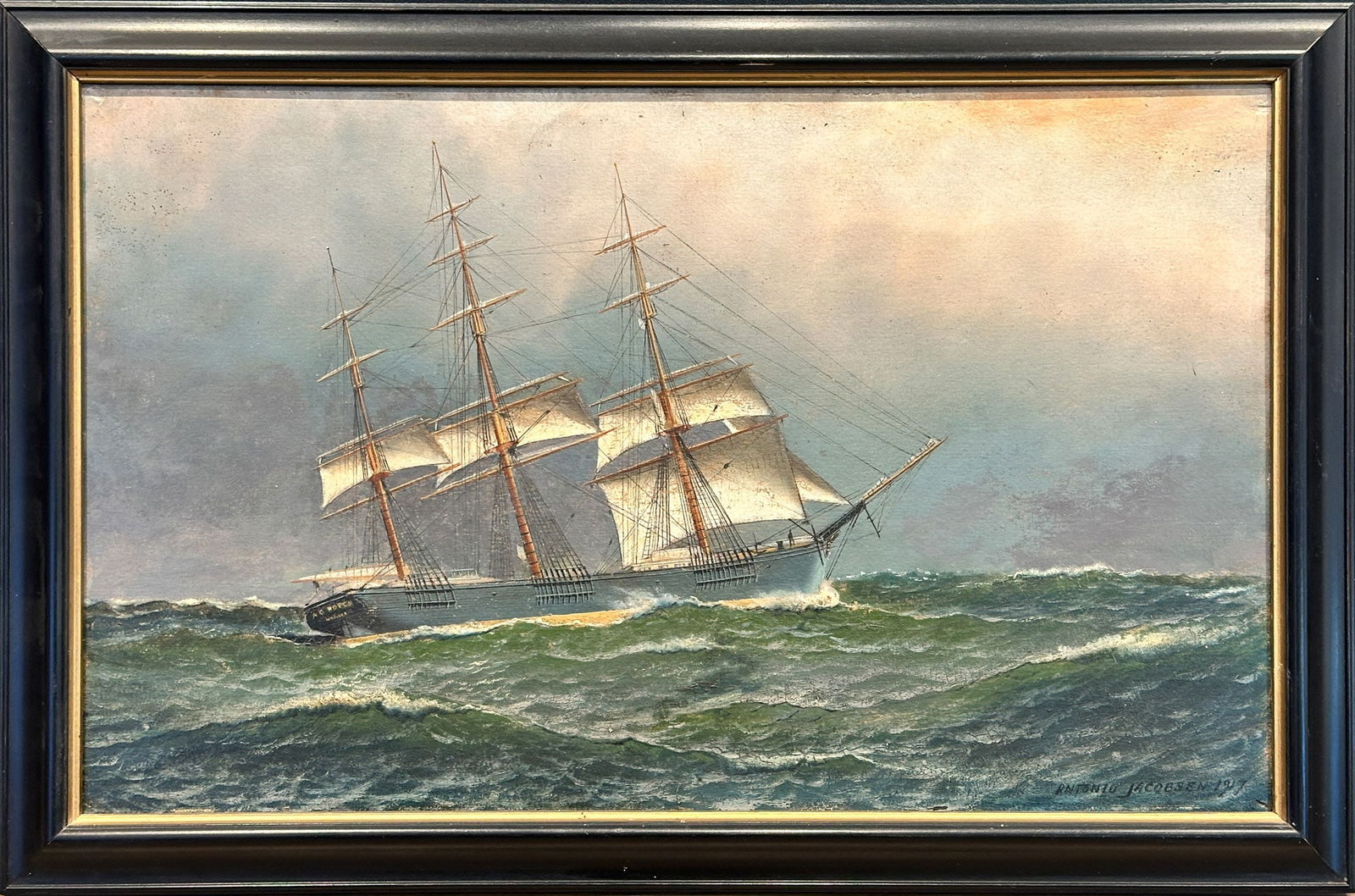 Antonio Nicolo Gasparo Jacobsen: Danish/American, 1850-1921Portrait of the A. G. ROPES, New York, 1917Signed Antonio Jacobsen and dated 1917 (lr)Oil on board13 3/4 x 21 3/4 inchesFramed 16 1/2 x 24 1/2 inches Please n