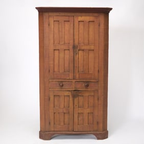 Faux Tiger Maple Grain Painted and Paneled Corner Cupboard