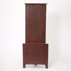 Red Painted Pine Corner Cupboard