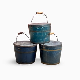 Three Blue Painted Covered Pails