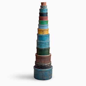 Fourteen Painted Circular Bentwood Pantry Boxes