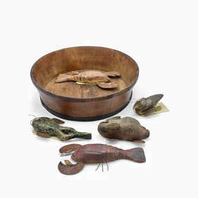 Five Painted Ice Fishing Decoys in Wooden Low Bowl