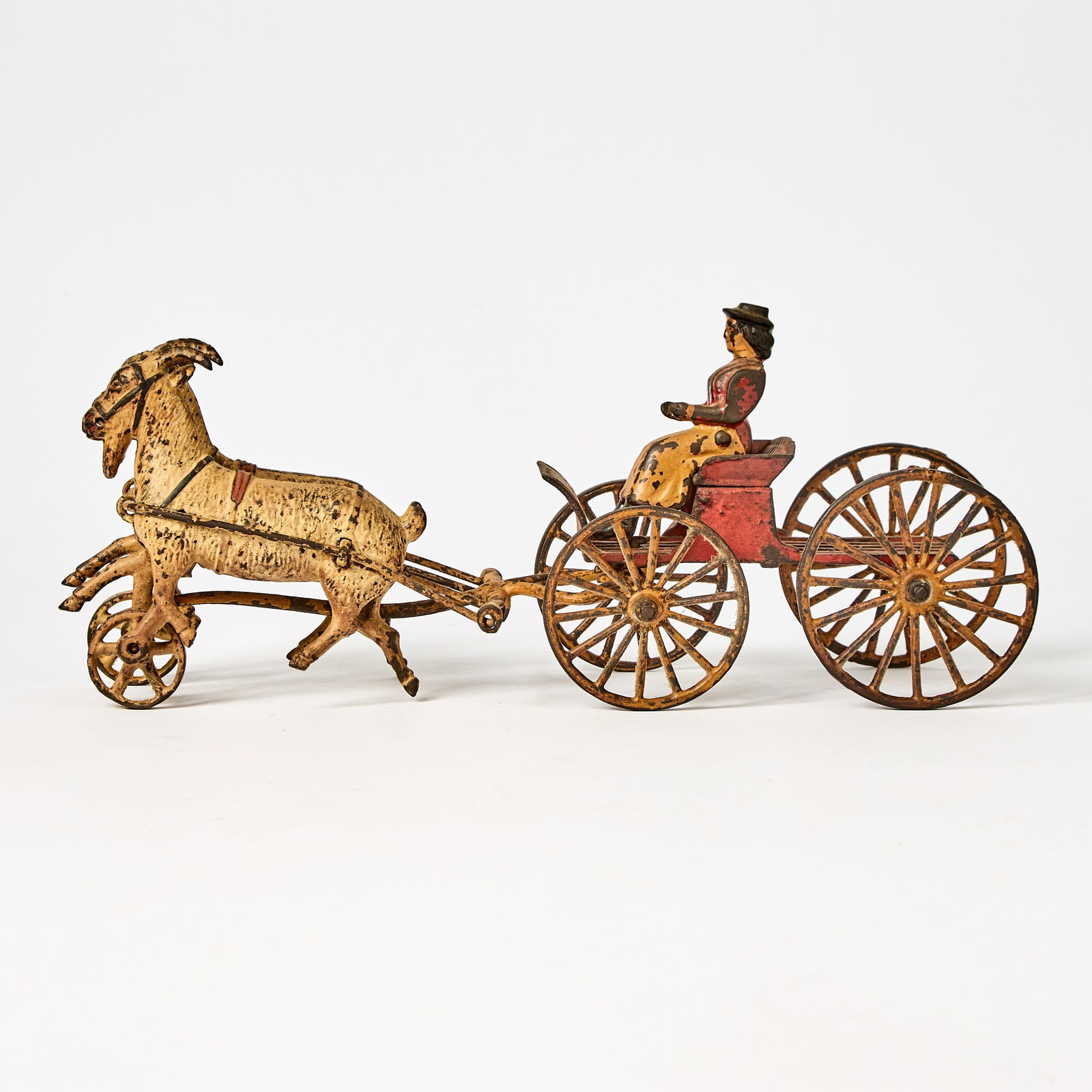 Harris Painted Cast Iron Double Goat-drawn Buckboard Toy: Toledo, Ohio, circa 1890Red buckboard with female riders drawn by off white goats.Overall length 13 3/4 inches. Please note: This lot will be on view in Boston.