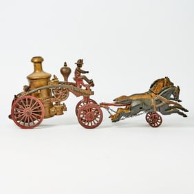 Painted Cast Iron Three Horse-drawn Fire Pumper Wagon