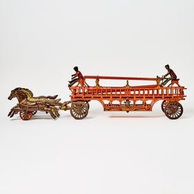 Ideal Painted Cast Iron Three Horse Hook and Ladder Fire Wagon Toy