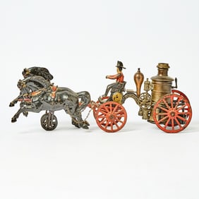 Painted Cast Iron Horse-drawn Fire Pumper Toy