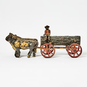Hubley Painted Cast Iron Ox-drawn Log Wagon Toy