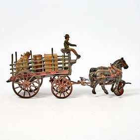 Pratt & Letchworth Painted Cast Iron Two Horse Dray Wagon Toy