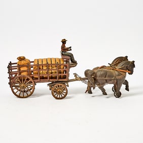 Painted Cast Iron Horse-drawn Dray Wagon Toy