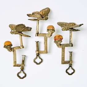 Three Silvered Metal and Brass Butterfly Sewing Clamps with Pin Cushions