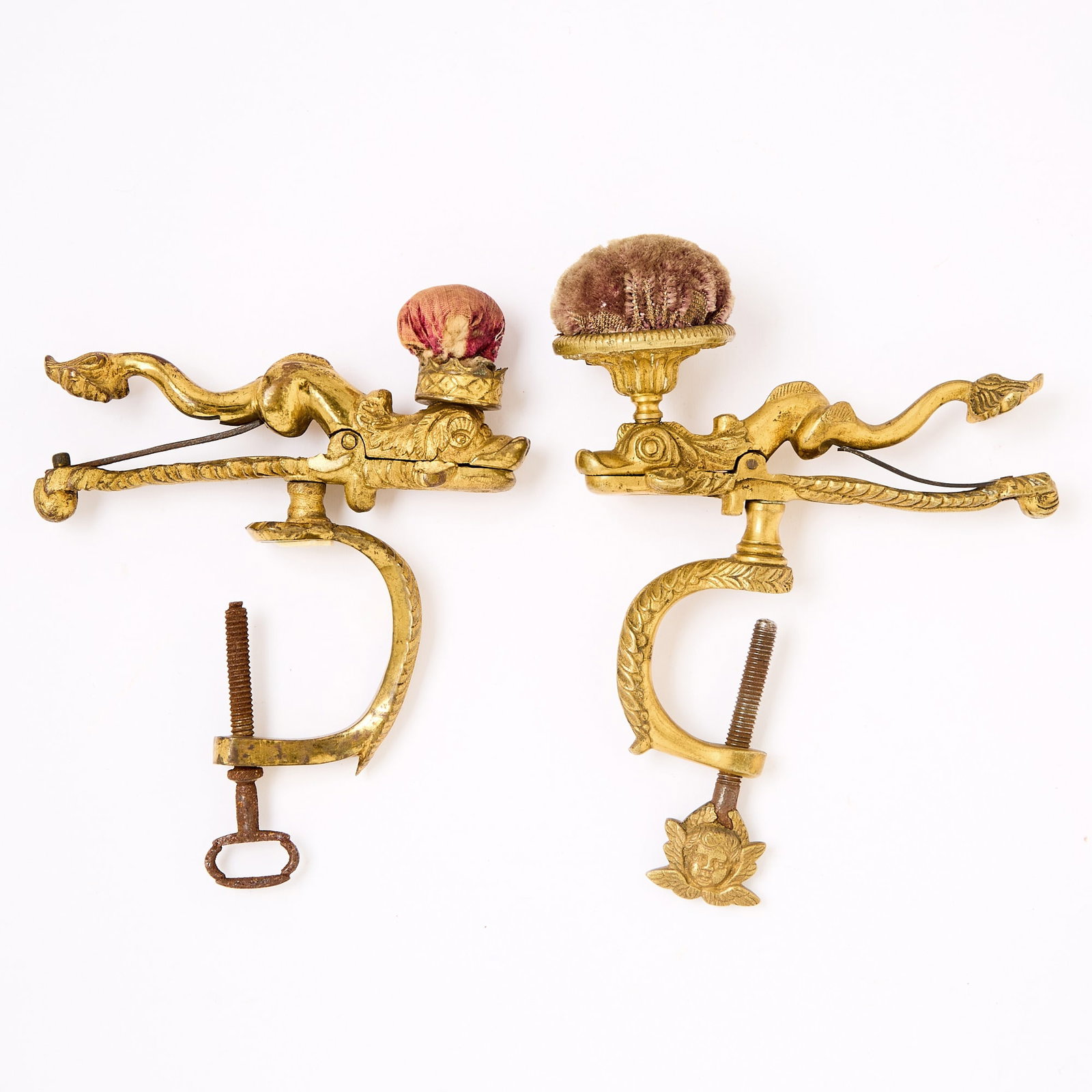 Two Gilt Brass Dolphin Sewing Clamps with Pin Cushions (1 of 5)