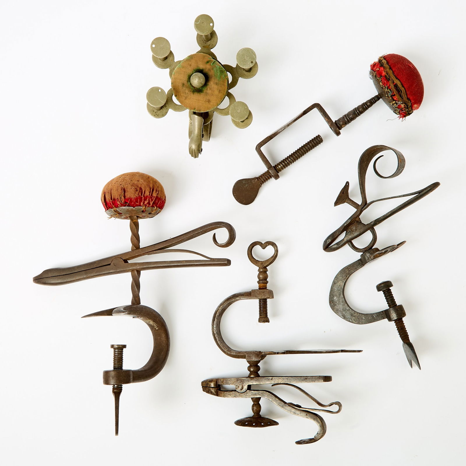Four Early Iron Cast Iron Sewing Clamps Together with a Steel Sewing Clamp/Thread Holder (1 of 6)