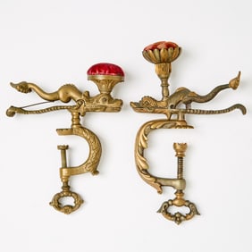 Two Cast Brass Dolphin / Serpent Figural Sewing Clamps with Pin Cushions