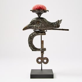 Painted Cast Iron Peacock Head Sewing Clamp with Pin Cushion