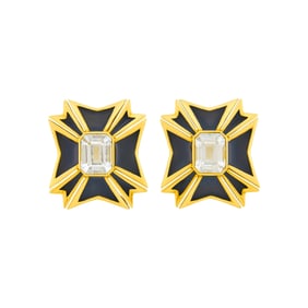 Verdura Pair of Gold, White Topaz and Black Enamel 'Maltese Cross' Earclips