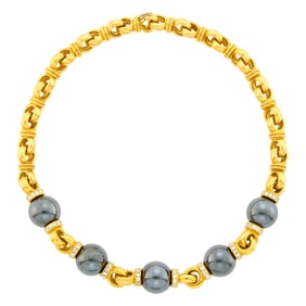 Bulgari Gold, Hematite Bead and Diamond Circle Link Necklace
