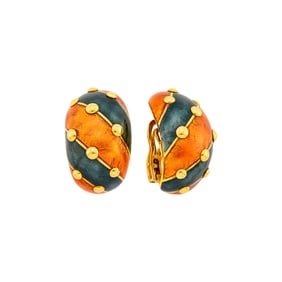 Tiffany & Co., Schlumberger Pair of Gold, Paillonné Orange and Green Enamel 'Banana' Earclips,