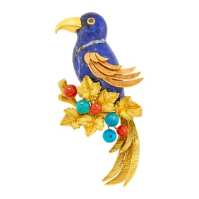 Cartier Two-Color Gold, Sodalite, Amazonite and Coral Bead Bird Clip-Brooch, France