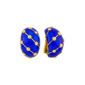 Tiffany & Co., Schlumberger Pair of Gold and Paillonné Blue Enamel 'Banana' Earclips, France