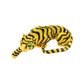 David Webb Gold, Black Enamel and Emerald Tiger Clip-Brooch