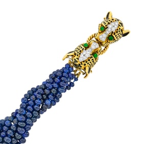 David Webb Multistrand Sapphire Bead, Gold, Platinum, Black Enamel, Diamond and Cabochon Emerald
