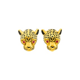 David Webb Pair of Gold, Black Enamel and Ruby Panther Head Earclips
