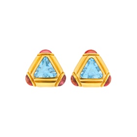 Bulgari Pair of Gold, Blue Topaz and Cabochon Pink Tourmaline Earrings