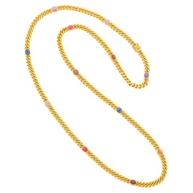 Bulgari Long Gold and Cabochon Colored Stone Curb Link Necklace