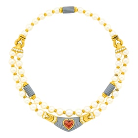 Bulgari Gold, Cultured Pearl, Pink Tourmaline, Carved Hematite and Diamond Swag Necklace