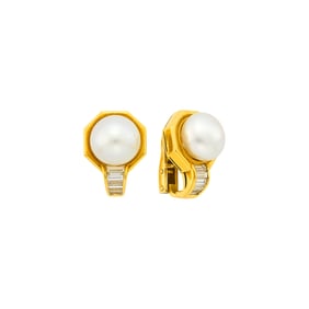 Bulgari Pair of Gold, South Sea Cultured Pearl and Diamond Earrings
