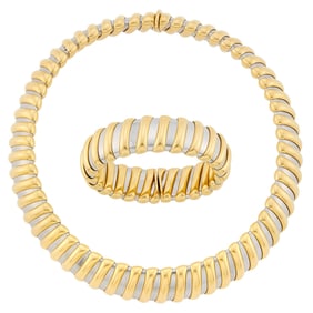 Bulgari Stainless Steel and Gold Necklace and Bangle Bracelet