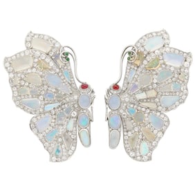 Seaman Schepps Pair of Platinum, Opal, Diamond and Gem-Set Butterfly Clip-Brooches