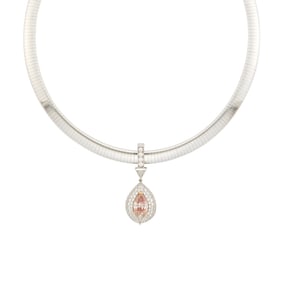 Two-Color Gold, Fancy Intense Orangy Pink Diamond and Diamond Pendant with White Gold Omega Necklace