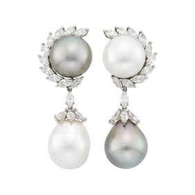 Pair of Platinum, South Sea Cultured and Tahitian Gray Cultured Pearl and Diamond Pendant-Earclips