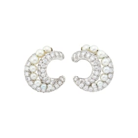 Van Cleef & Arpels Pair of Platinum, Diamond and Cultured Pearl Earclips